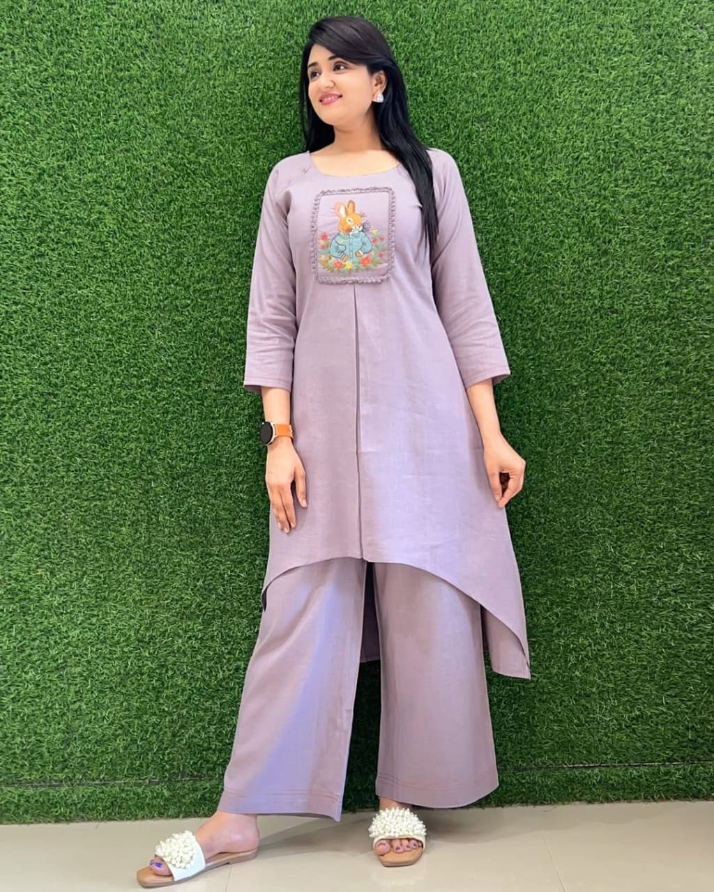 Purple Cotton Slub Embroidered Tunic Set